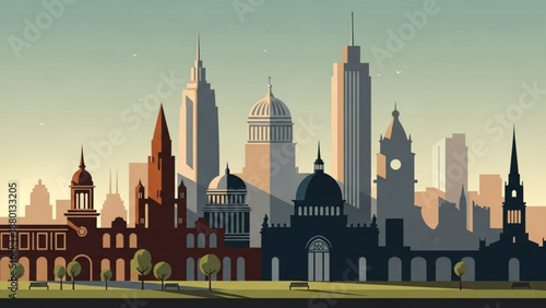 City skyline with buildings and greenery in the foreground at sunset