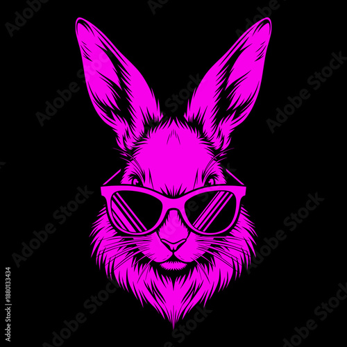 stylized neon pink rabbit face wearing sunglasses on black background, bold graphic animal illustration with cool modern attitude concept.