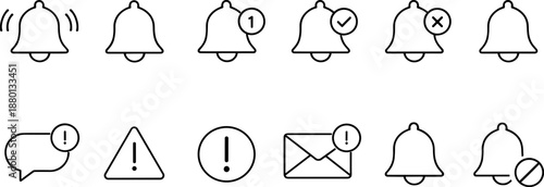 Notification and alert icons set. Messages, warnings, confirmation and system status outline symbols