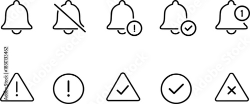 Notification and alert icons set. Messages, warnings, confirmation and system status outline symbols