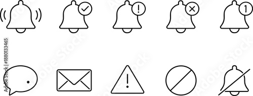 Notification and alert icons set. Messages, warnings, confirmation and system status outline symbols