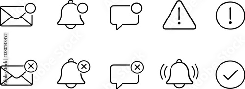 Notification and alert icons set. Messages, warnings, confirmation and system status outline symbols
