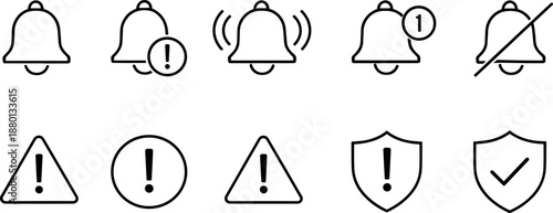 Notification and alert icons set. Messages, warnings, confirmation and system status outline symbols