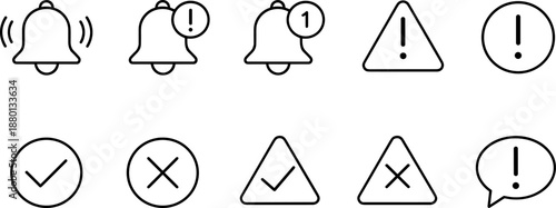Notification and alert icons set. Messages, warnings, confirmation and system status outline symbols