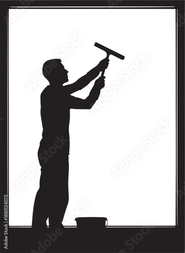 Professional window cleaner silhouette using a squeegee on a glass frame