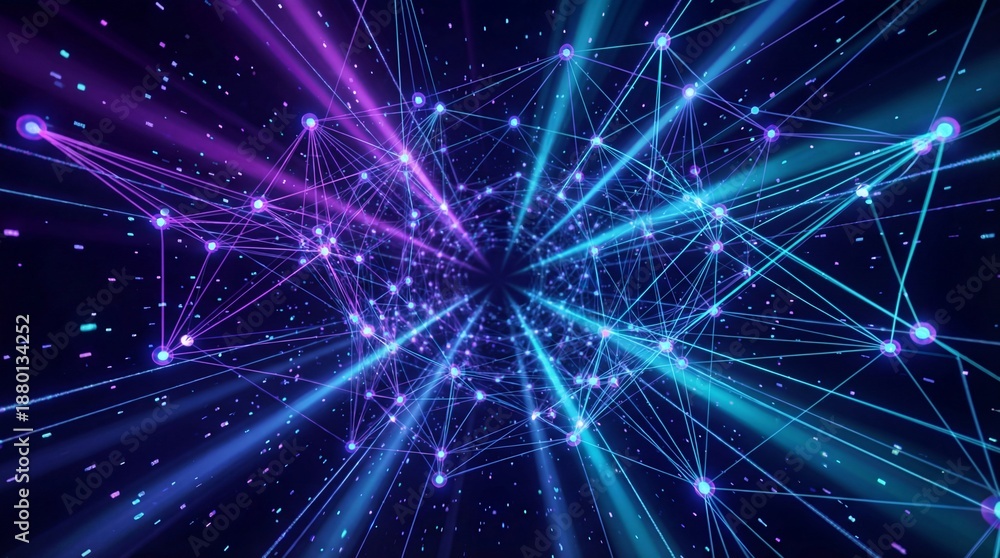 Fototapeta premium Network of data lines: An abstract representation of a complex network, with glowing lines and points forming an intricate web of connections in a futuristic design.