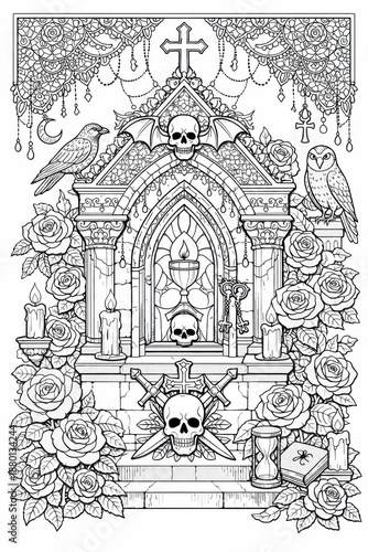 Wallpaper Mural Elaborate gothic shrine adorned with skulls, candles, keys, and roses forms a richly symbolic black-and-white illustration ideal for dark fantasy coloring books and occult-themed designs. Torontodigital.ca