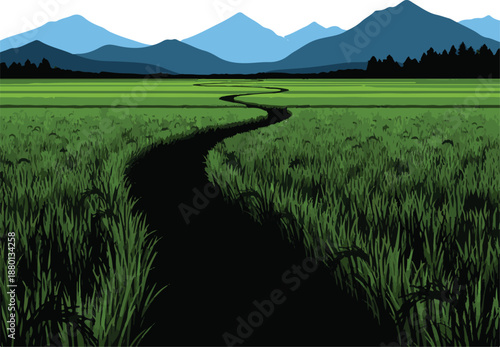 Winding Path Through Green Rice Fields with Blue Mountain Landscape Vector