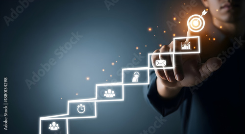 Person using a futuristic interface to navigate a step-by-step business growth strategy effectively online.