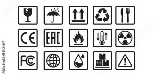 Packaging, Shipping, and Safety Symbols Icon Set in Black Vector Style.