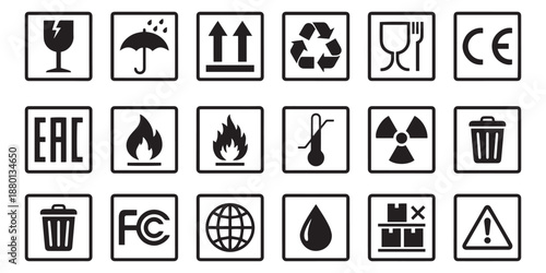 Packaging, Shipping, and Safety Symbols Icon Set in Black Vector Style.