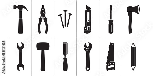 Hand Tool Silhouette Icons Set in Minimalist Black Vector Style.