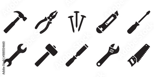 Hand Tool Silhouette Icons Set in Minimalist Black Vector Style.