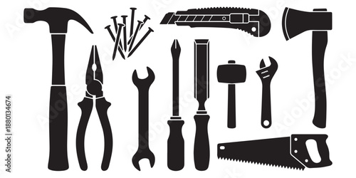 Hand Tool Silhouette Icons Set in Minimalist Black Vector Style.