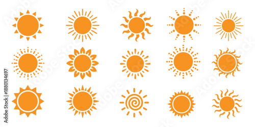 Yellow Sun Icons Set in Flat Minimalist Vector Style.