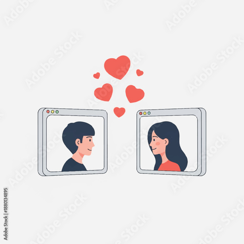 Couple's affectionate exchange captured in digital illustration with hearts floating between their profile pictures