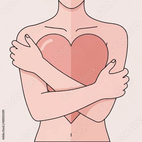A woman holding a heart in her arms, symbolizing love and affection in a simple illustration