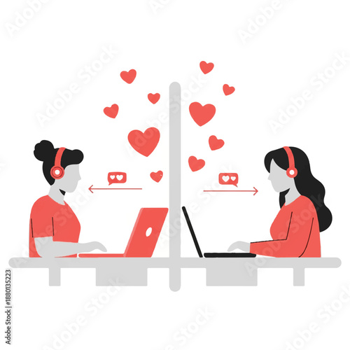 Two women wearing headphones communicating through laptops with hearts and messages floating between them in a collaborative online environment