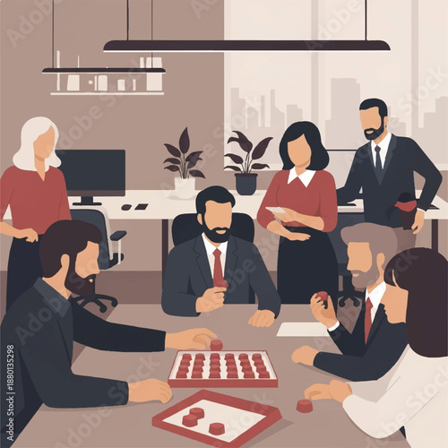 Professionals engaged in a collaborative board game session around a table in a modern office setting with cityscape view