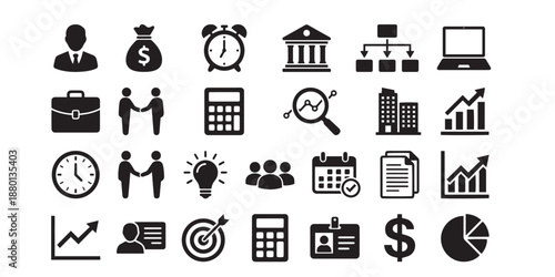 Business, Finance, and Corporate Management Icons Set in Minimalist Vector Style.