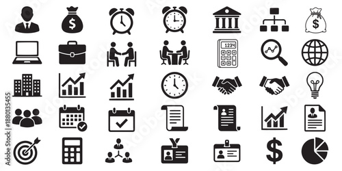 Business, Finance, and Corporate Management Icons Set in Minimalist Vector Style.