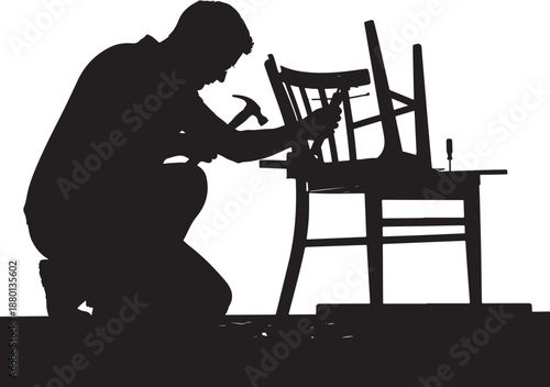 Silhouette of a handyman repairing a broken wooden chair with a hammer