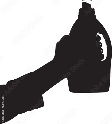 Silhouette of a hand holding a large plastic bottle of laundry detergent