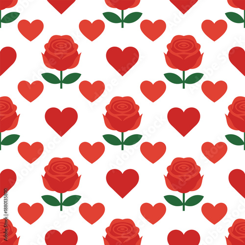 Seamless Valentine Rose and Heart Pattern Red Love Floral Vector