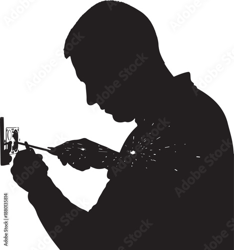 Silhouette of an electrician repairing a wall socket with sparks flying from a screwdriver