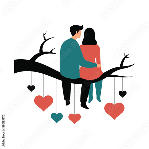 Romantic Couple Sitting on Tree Branch with Hanging Hearts Love Illustration