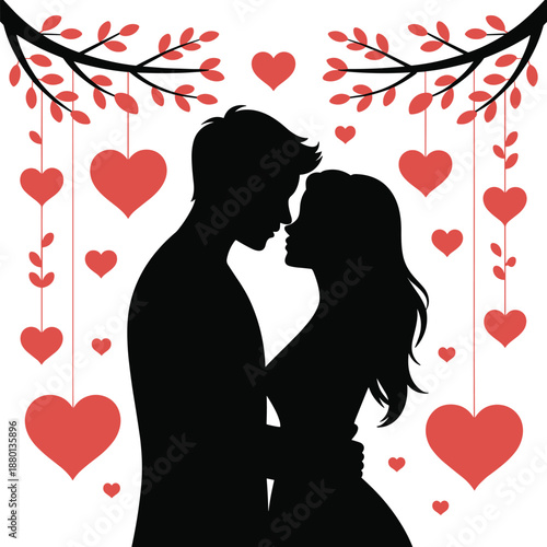 Romantic Couple Silhouette with Hearts Valentine Love Illustration