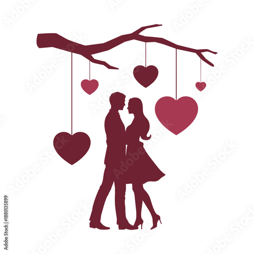 Romantic Couple Silhouette Under Tree with Hanging Hearts Valentine Illustration
