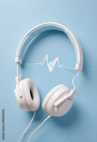 White headphones on blue background, heart beat pattern, design illustration wallpaper 