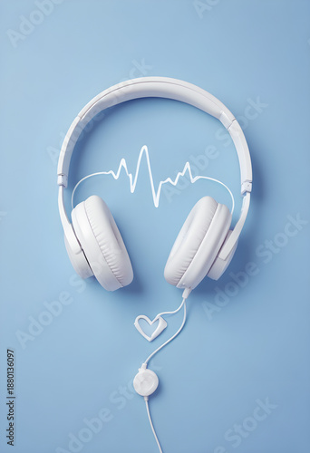 White headphones on blue background, heart beat pattern, design illustration wallpaper 