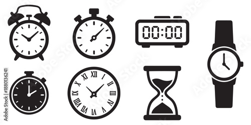 Clock, Timer, and Time Management Icons Set in Minimalist Vector Style.