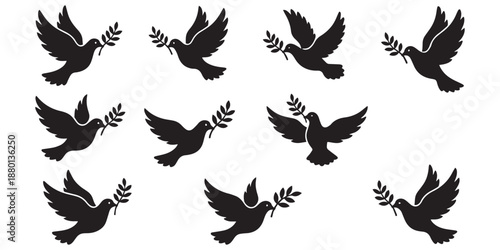 Flying Dove with Olive Branch Peace Symbol Icons in Minimalist Vector Style.