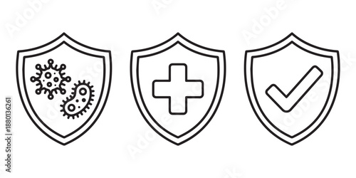 Health, Safety, and Protection Shield Icons in Minimalist Vector Style.