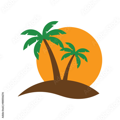 Tropical Palm Trees and Sun Island Icon in Flat Vector Style.
