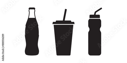 Beverage Bottle and Cup Silhouette Icons in Minimalist Vector Style.