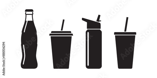 Beverage Bottle and Cup Silhouette Icons in Minimalist Vector Style.