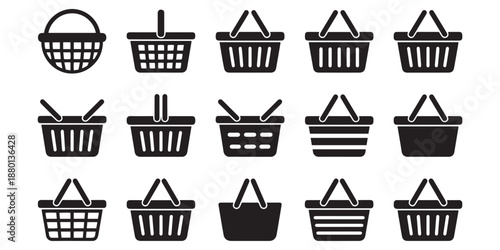 Shopping Basket Icons Set in Minimalist Black Vector Style.