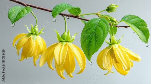 Three yellow flowers with green leaves are hanging from a branch. The flowers are drooping and have water droplets on them. The image has a serene and peaceful mood, with the flowers