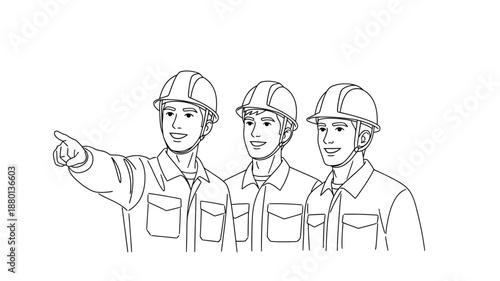 Three workers in hard hats pointing and looking ahead high quality