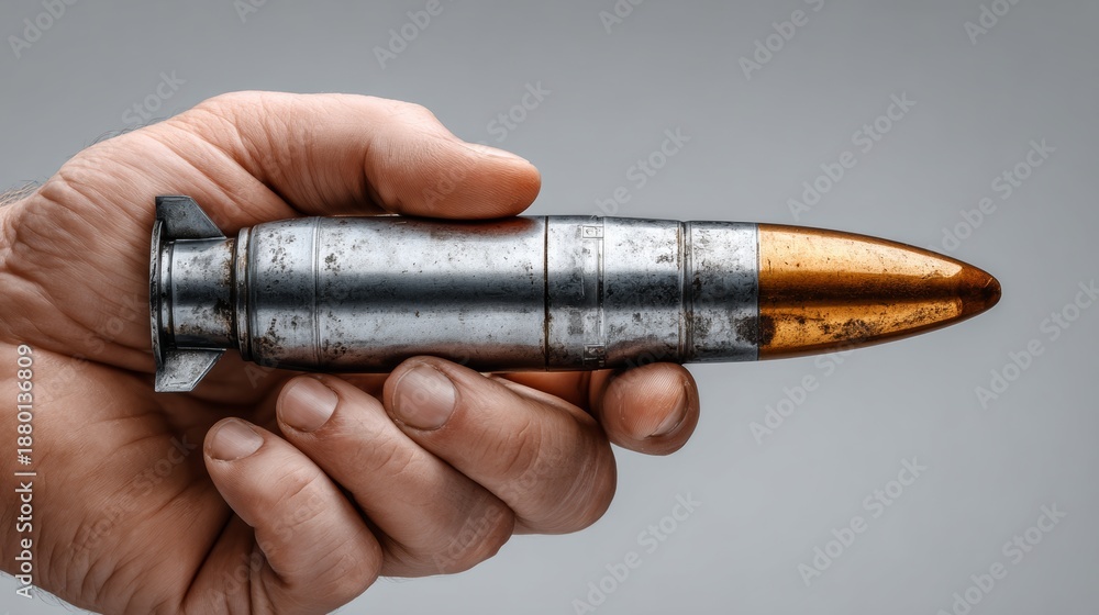 Fototapeta premium A hand is holding a bullet with a gold tip. The bullet is old and rusted, and the gold tip is worn down. Concept of danger and violence, as the bullet is a weapon that can cause harm