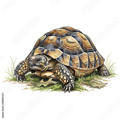 Realistic tortoise partially withdrawn into shell illustration for wildlife education conservation and nature publications
