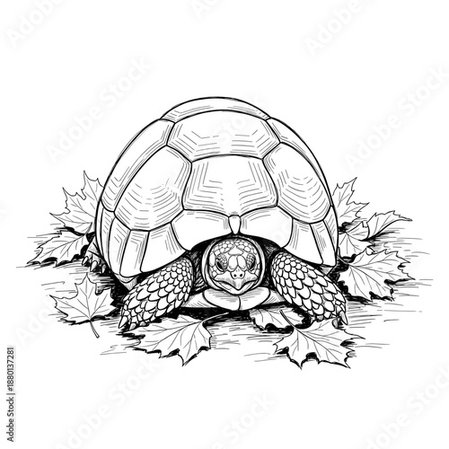 Tortoise hiding in shell detailed black and white illustration for biology textbooks wildlife studies and educational use
