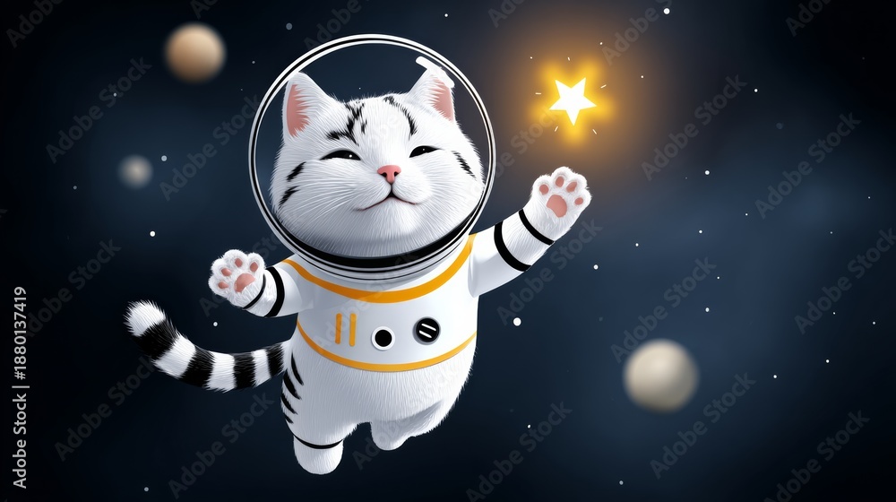 Fototapeta premium A cat in a space suit is flying through space. The cat is smiling and he is happy