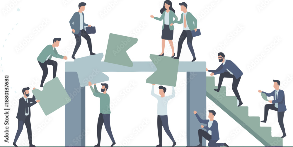 Fototapeta premium Business people helping each other climb stairs representing career growth and team support.