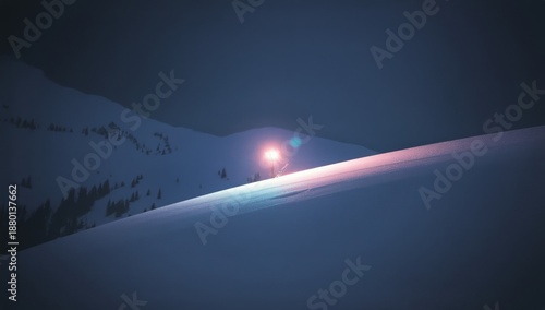 Winter Night Scene With Bright Light on Snowy Hill in the Mountains