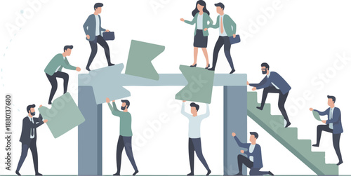Business people helping each other climb stairs representing career growth and team support.